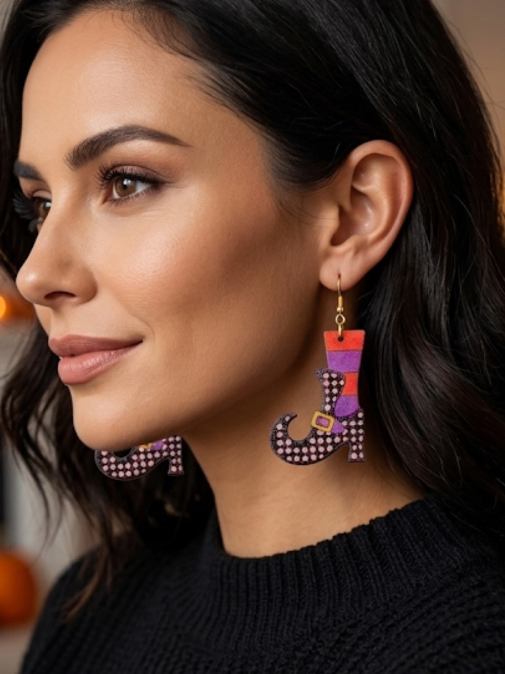 NWT Halloween Witch Boot Dangle Earrings Purple Orange Striped Spooky Jewelry